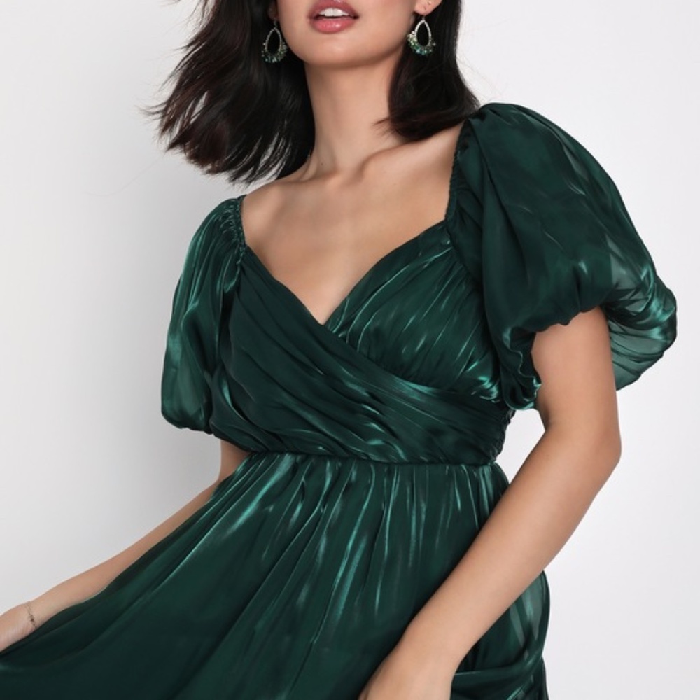Lulus Remarkable Sensation Emerald Green Puff Sleeve Tiered Midi Dress - Size XL